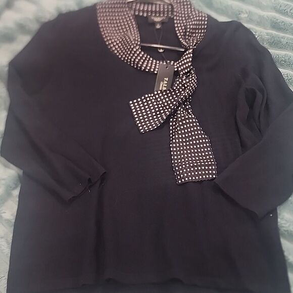 Talbots Black Long Sleeve Top with Polka Dot Scarf NWT - Picture 1 of 5